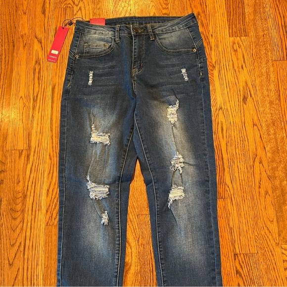 NWT New Tengfu Size 6 Skinny Distressed Denim Blue Jeans Cuffed - Picture 7 of 12